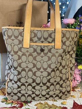 Coach Brown/Khaki Signature Canvas Tote with Leather Trim